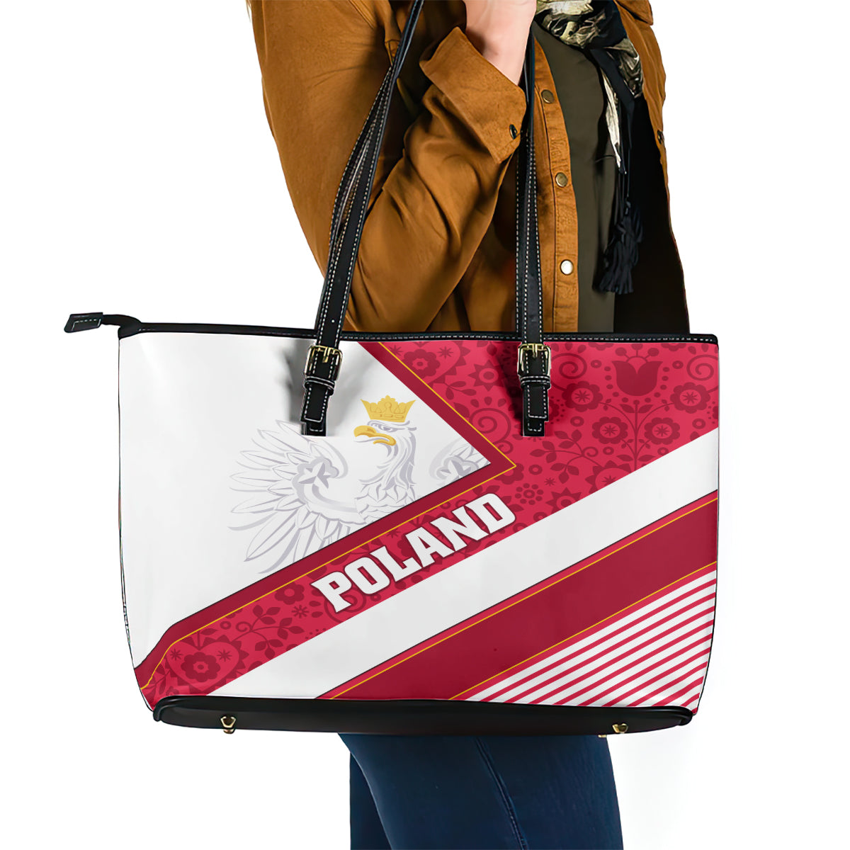 Poland Independence Day Leather Tote Bag Polska White Eagle Polish Floral Pattern LT01