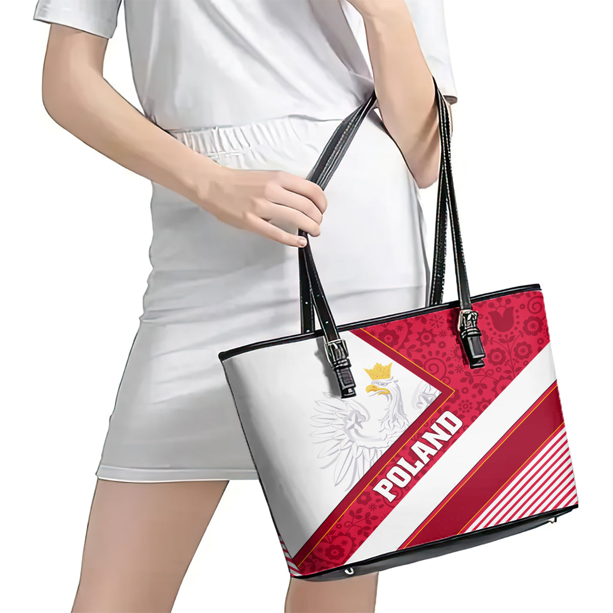 Poland Independence Day Leather Tote Bag Polska White Eagle Polish Floral Pattern LT01