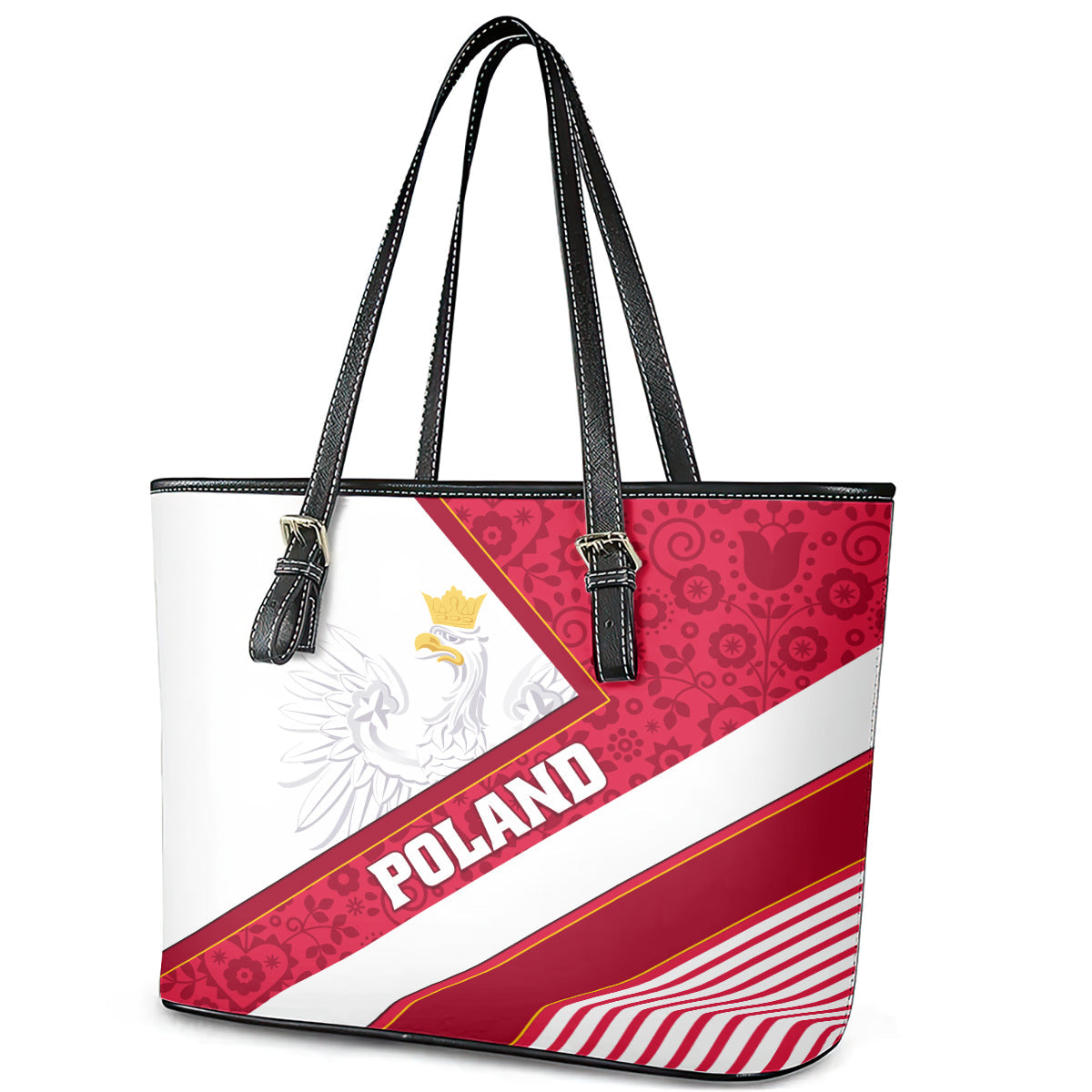 Poland Independence Day Leather Tote Bag Polska White Eagle Polish Floral Pattern LT01