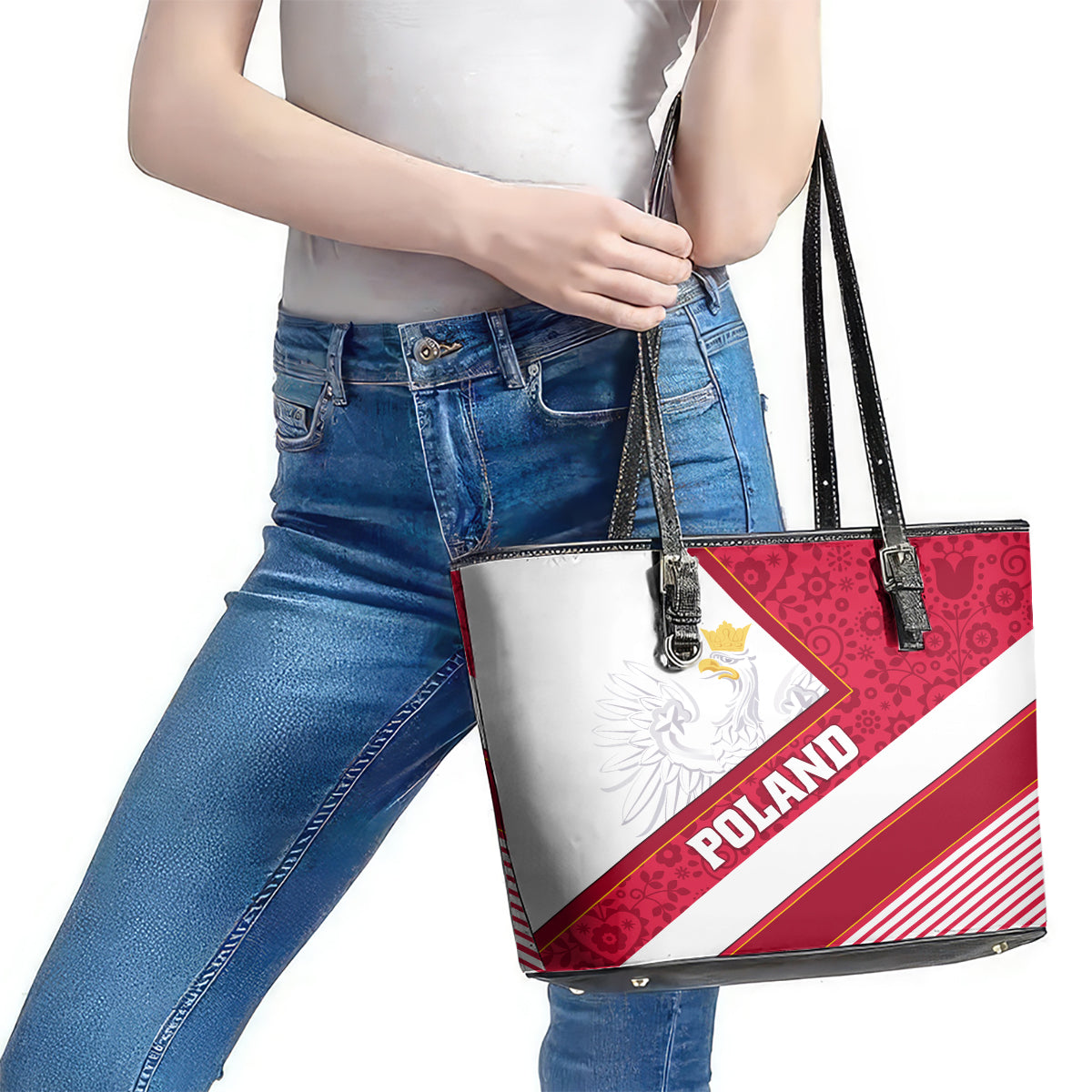 Poland Independence Day Leather Tote Bag Polska White Eagle Polish Floral Pattern LT01