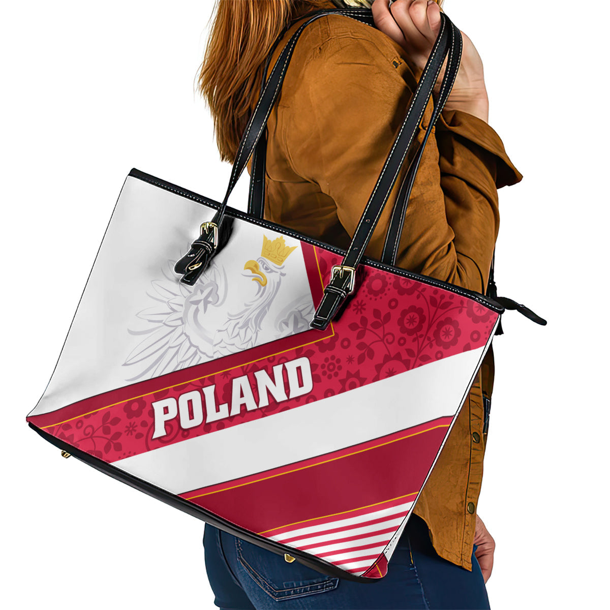 Poland Independence Day Leather Tote Bag Polska White Eagle Polish Floral Pattern LT01