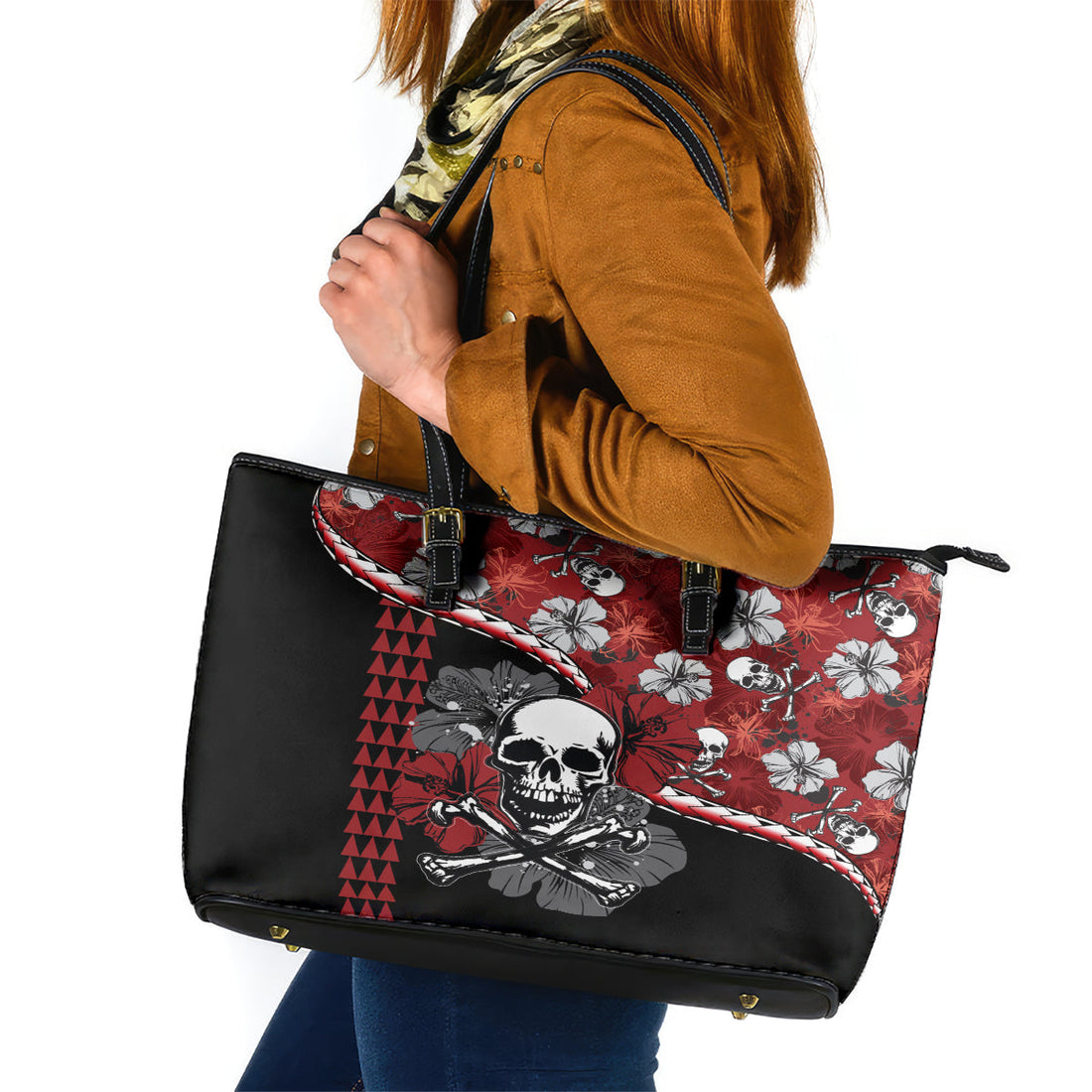 Hawaii Halloween Leather Tote Bag Hibiscus Skull Kakau Pattern LT01