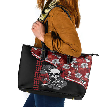 Hawaii Halloween Leather Tote Bag Hibiscus Skull Kakau Pattern LT01
