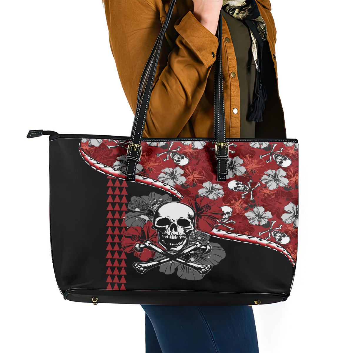Hawaii Halloween Leather Tote Bag Hibiscus Skull Kakau Pattern LT01