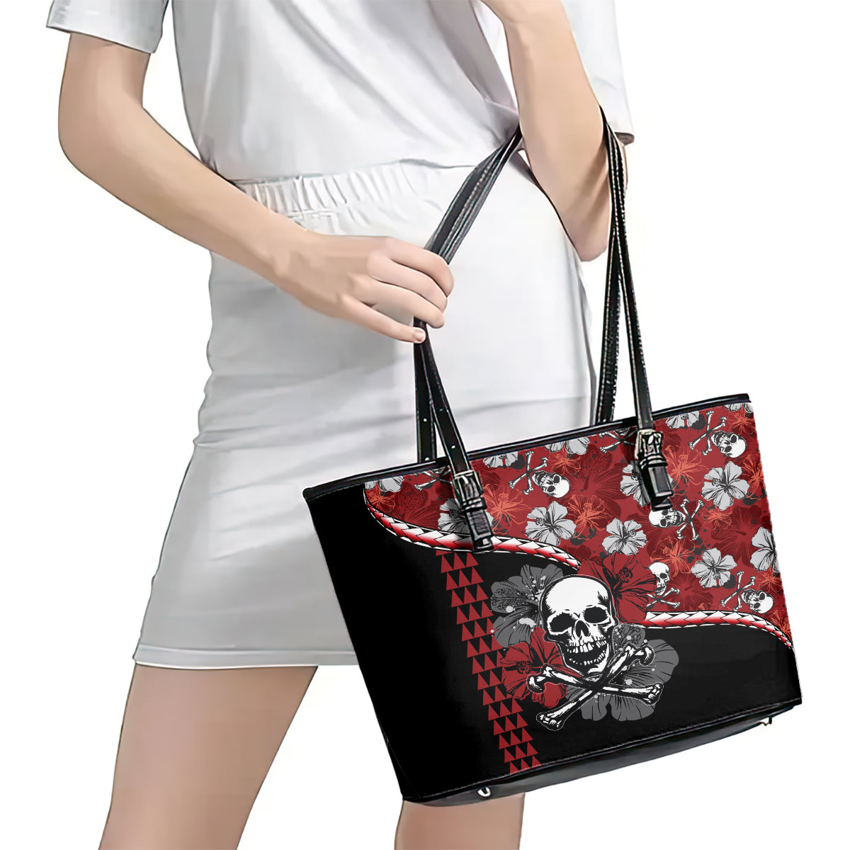 Hawaii Halloween Leather Tote Bag Hibiscus Skull Kakau Pattern LT01