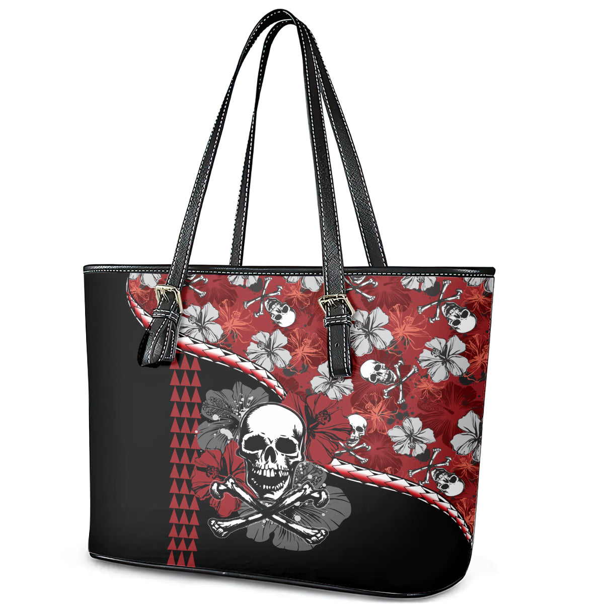 Hawaii Halloween Leather Tote Bag Hibiscus Skull Kakau Pattern LT01