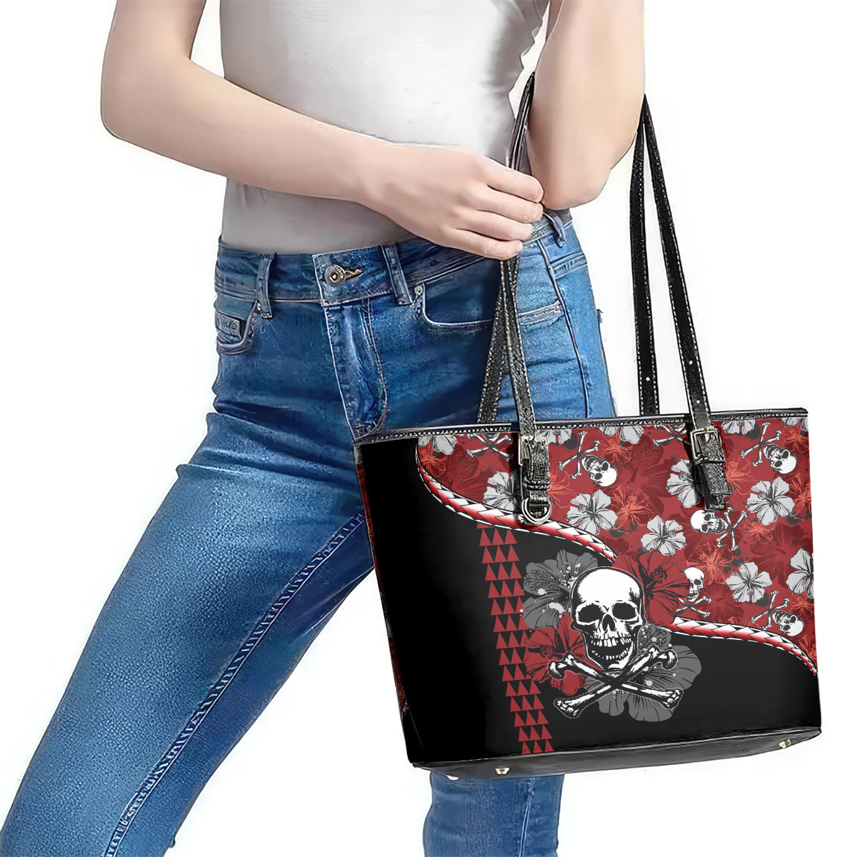 Hawaii Halloween Leather Tote Bag Hibiscus Skull Kakau Pattern LT01