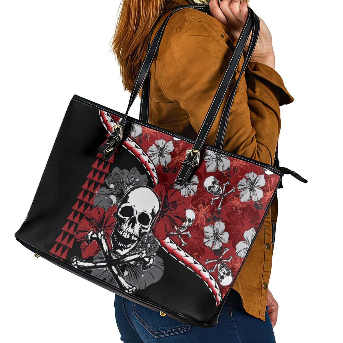 Hawaii Halloween Leather Tote Bag Hibiscus Skull Kakau Pattern LT01