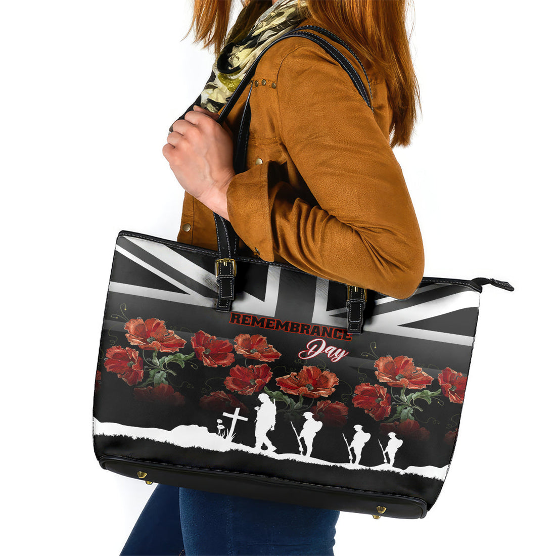 Remembrance Day Leather Tote Bag Lest We Forget Poppy Flower LT01