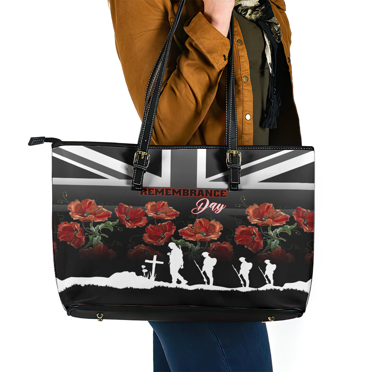 Remembrance Day Leather Tote Bag Lest We Forget Poppy Flower LT01