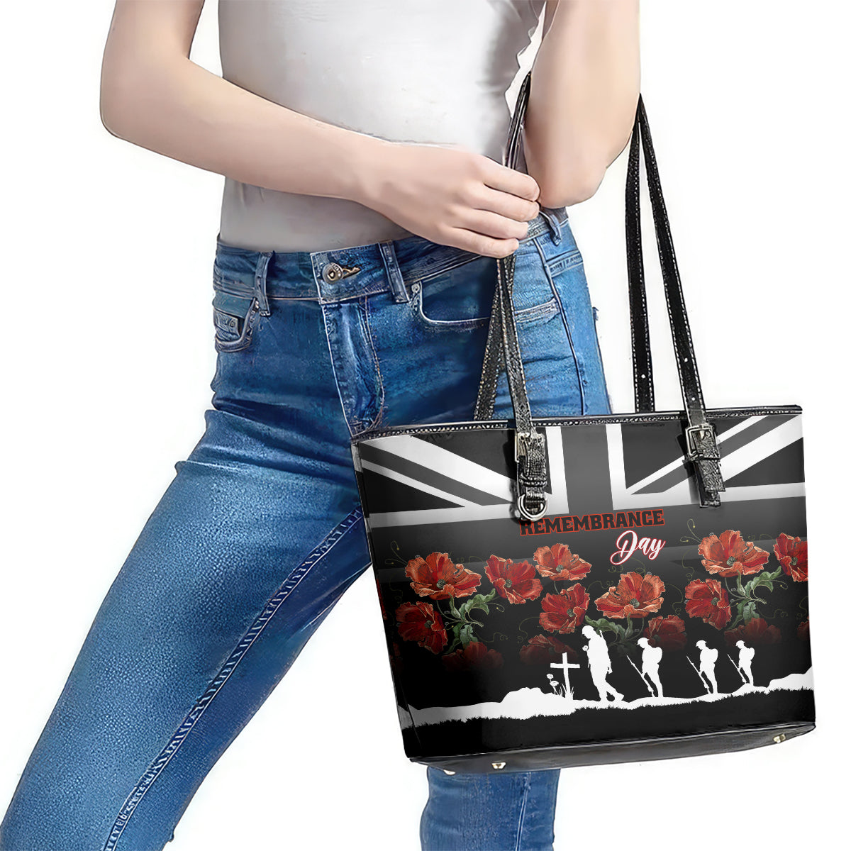 Remembrance Day Leather Tote Bag Lest We Forget Poppy Flower LT01
