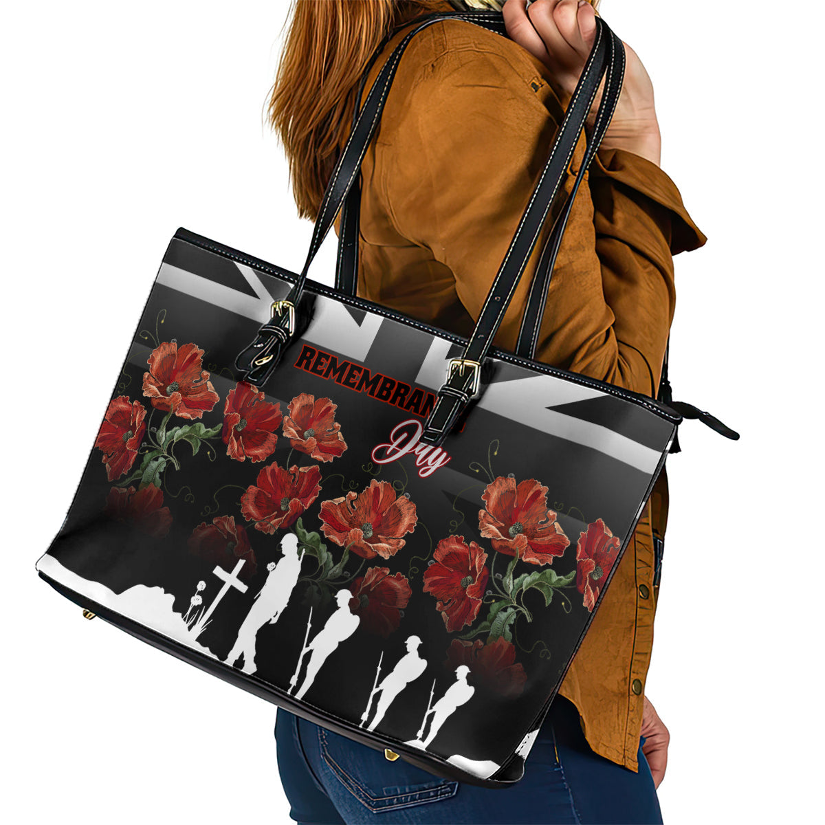 Remembrance Day Leather Tote Bag Lest We Forget Poppy Flower LT01