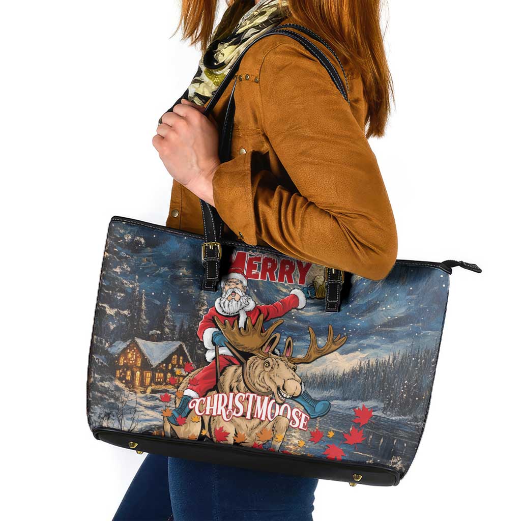 Merry Christmoose Leather Tote Bag Santa Claus Riding Moose Starry Night LT01