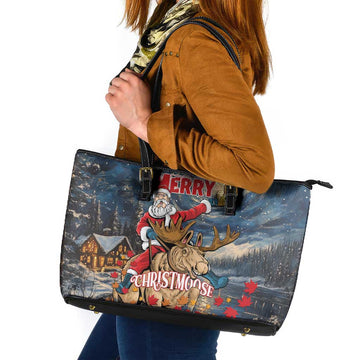 Merry Christmoose Leather Tote Bag Santa Claus Riding Moose Starry Night LT01