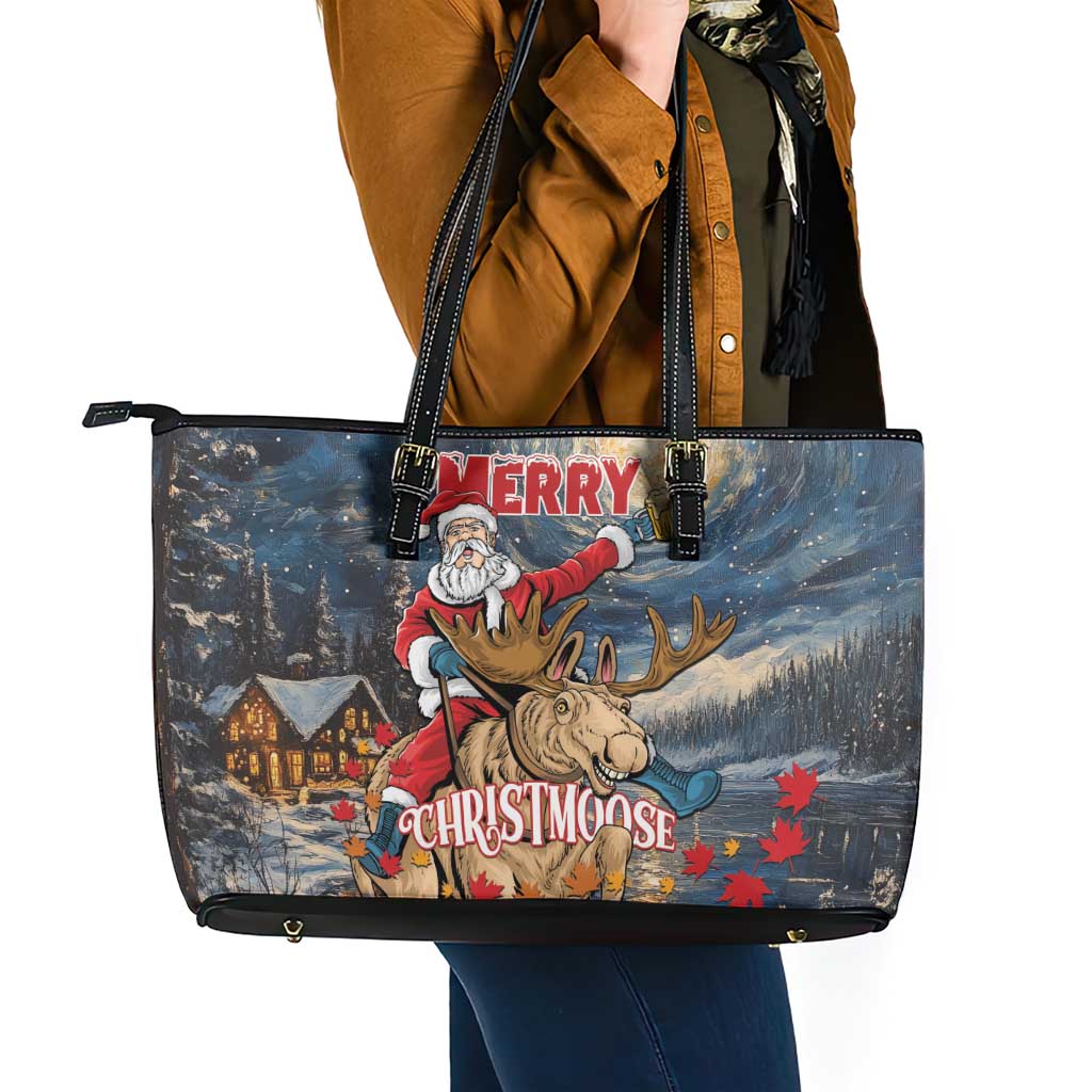 Merry Christmoose Leather Tote Bag Santa Claus Riding Moose Starry Night LT01