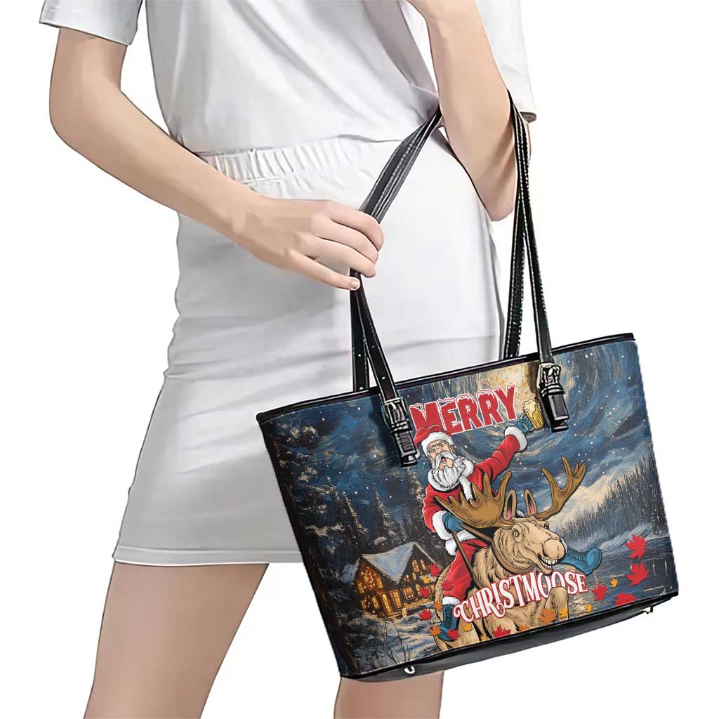 Merry Christmoose Leather Tote Bag Santa Claus Riding Moose Starry Night LT01