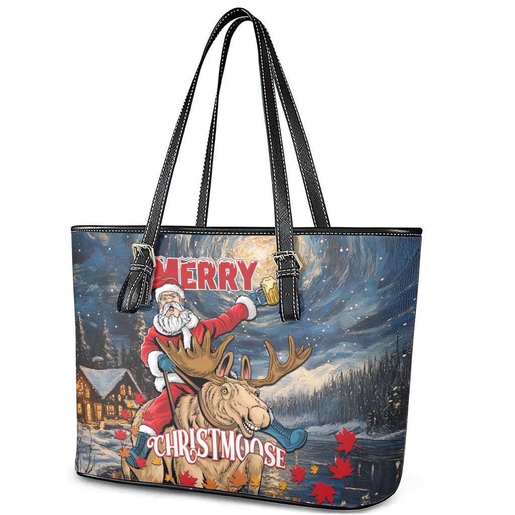 Merry Christmoose Leather Tote Bag Santa Claus Riding Moose Starry Night LT01