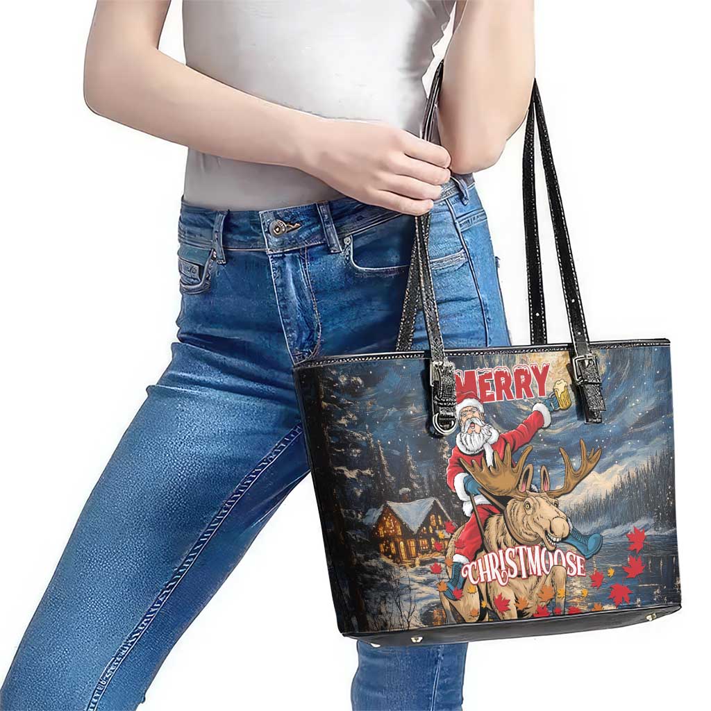 Merry Christmoose Leather Tote Bag Santa Claus Riding Moose Starry Night LT01