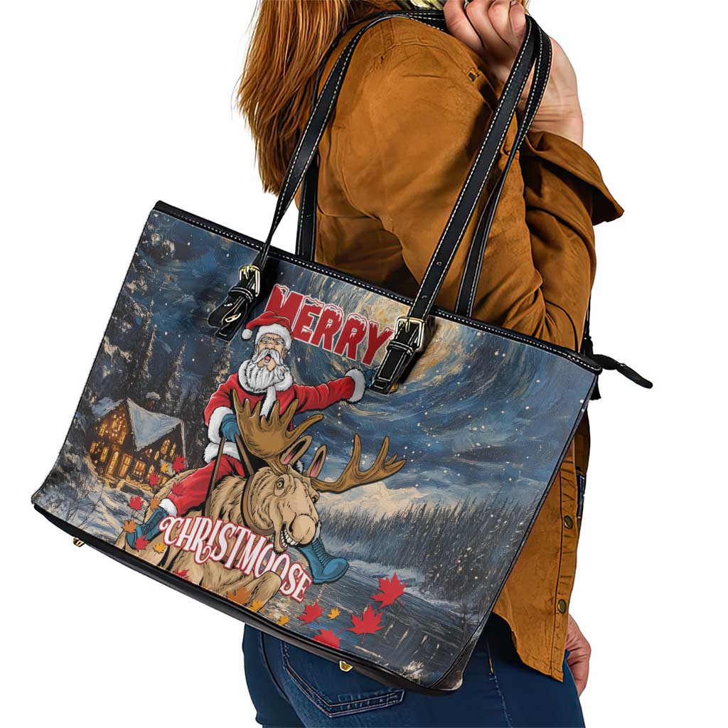 Merry Christmoose Leather Tote Bag Santa Claus Riding Moose Starry Night LT01