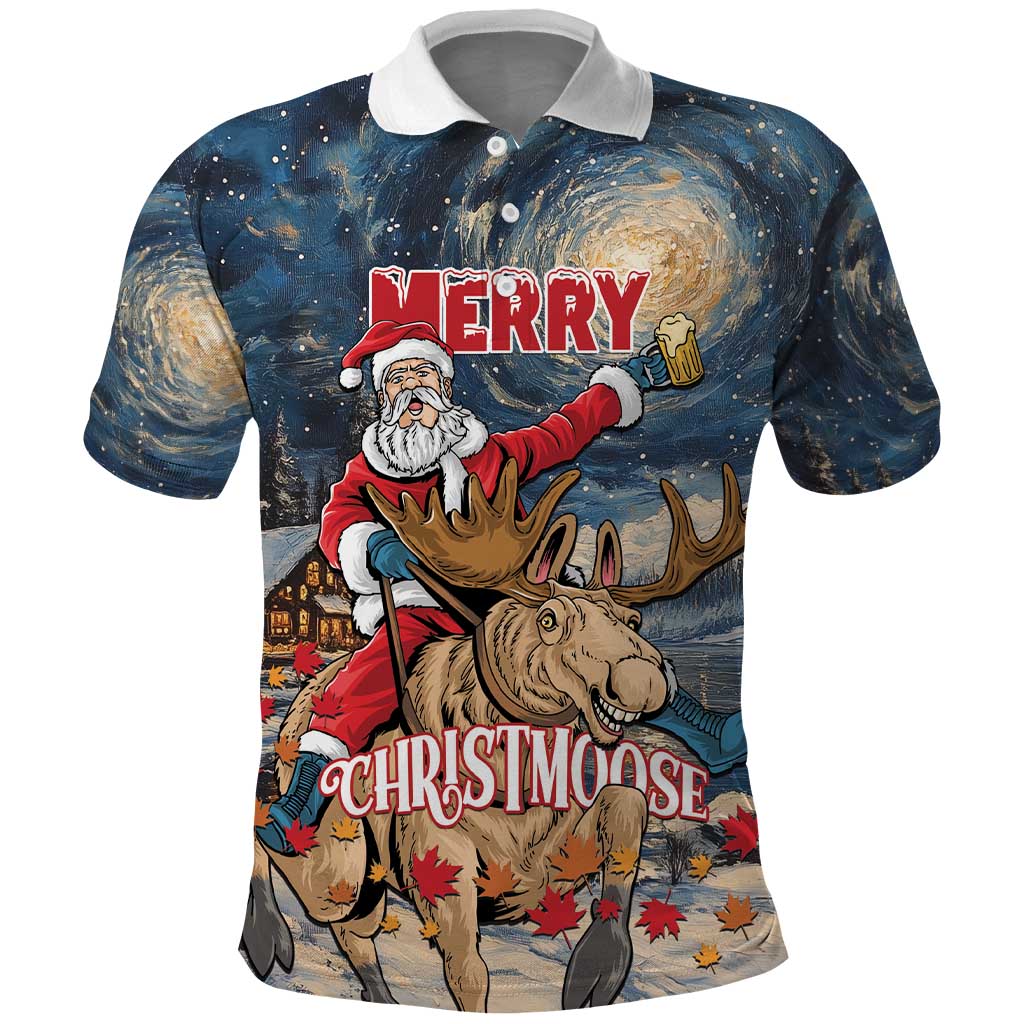 Personalized Merry Christmoose Polo Shirt Santa Claus Riding Moose Starry Night LT01