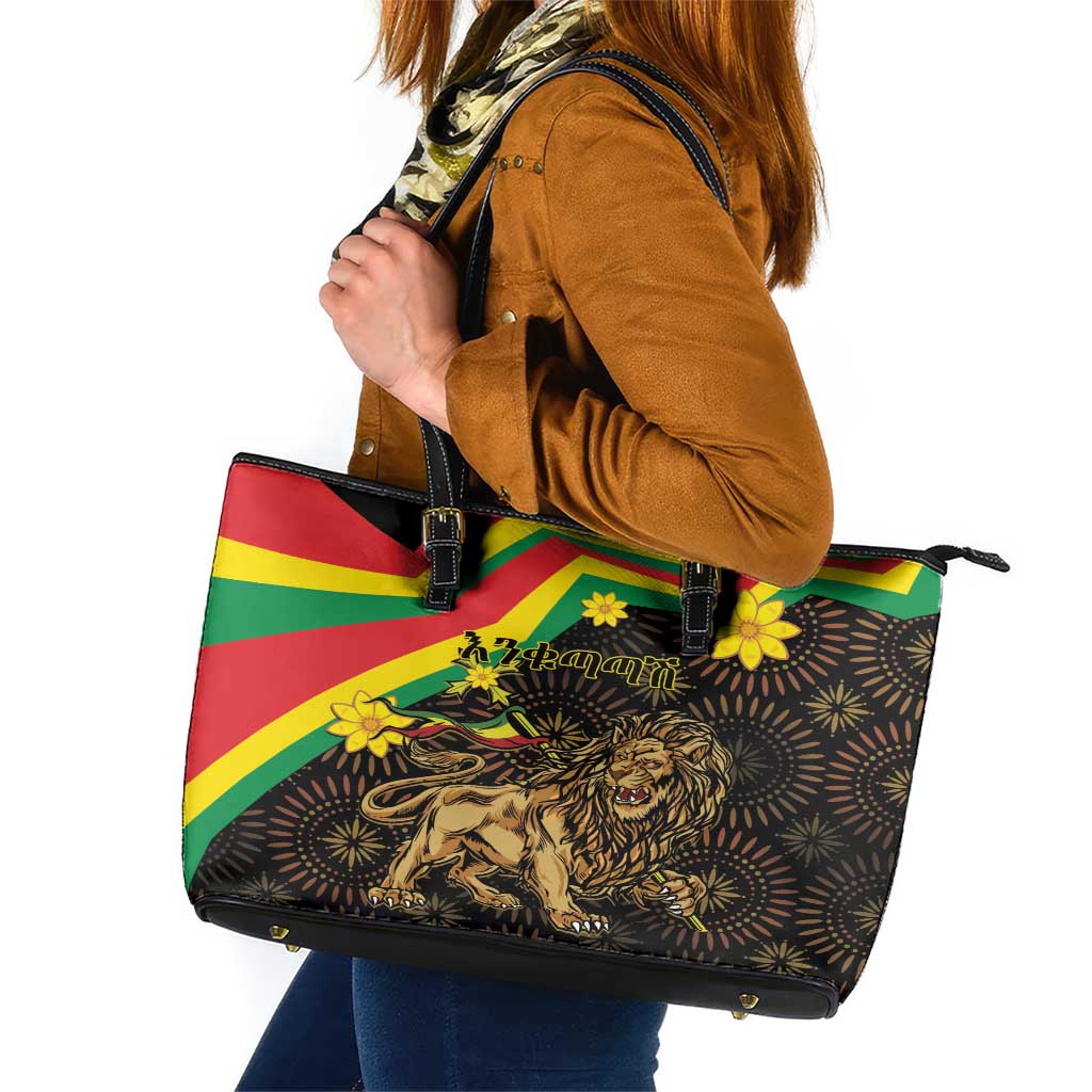Enkutatash Ethiopia New Year Leather Tote Bag Lion of Judah Adey Abeba Flower LT01