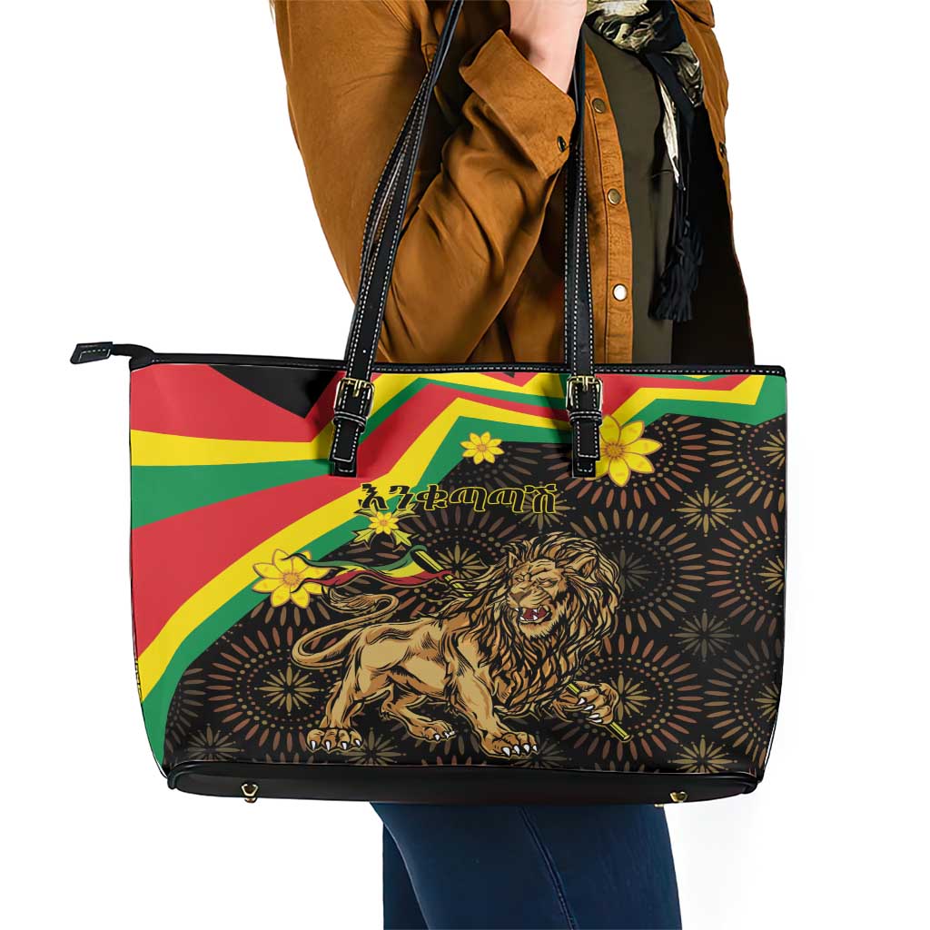 Enkutatash Ethiopia New Year Leather Tote Bag Lion of Judah Adey Abeba Flower LT01