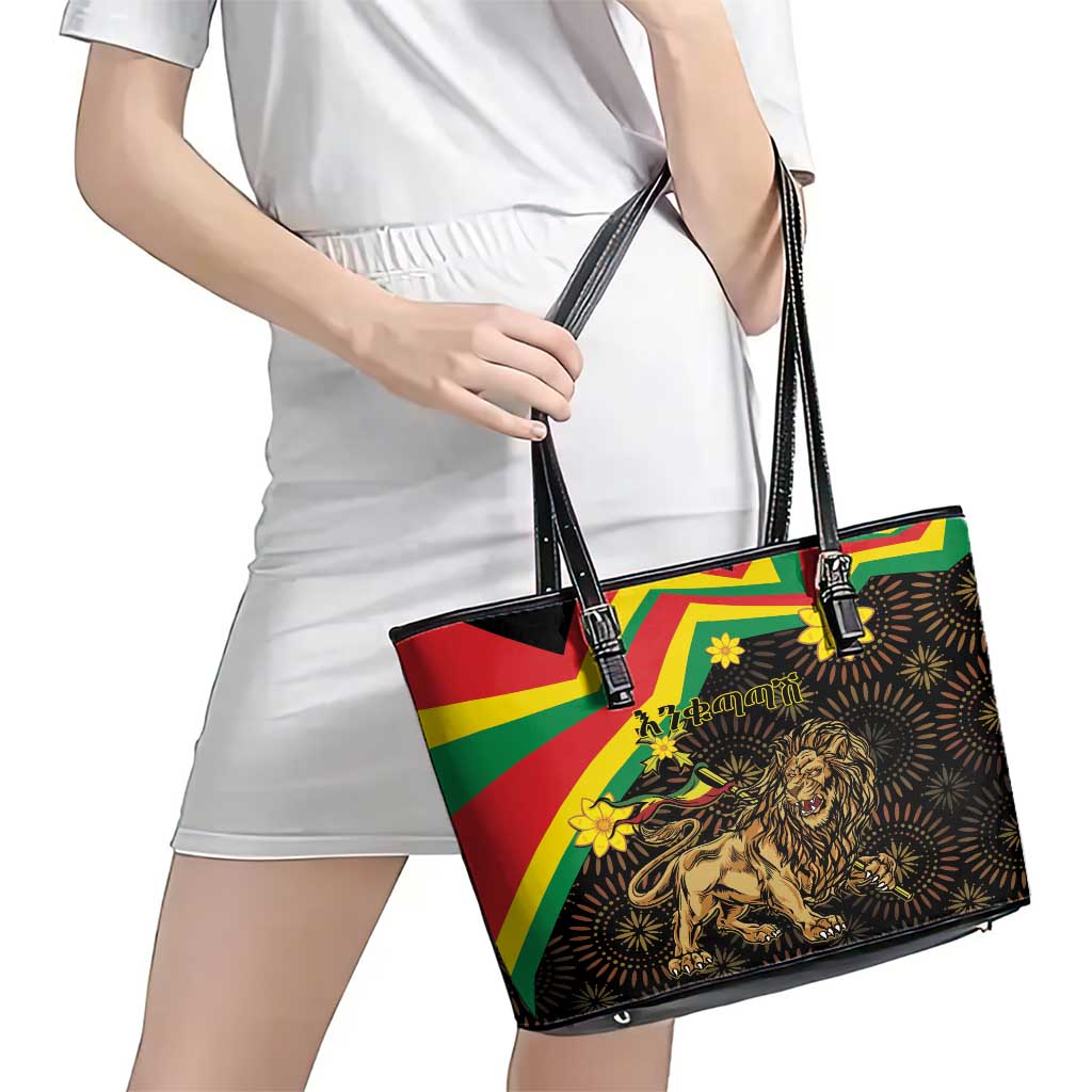 Enkutatash Ethiopia New Year Leather Tote Bag Lion of Judah Adey Abeba Flower LT01