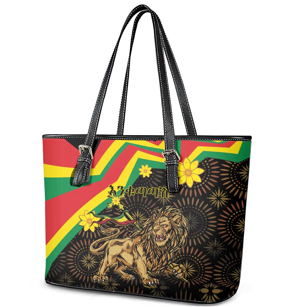 Enkutatash Ethiopia New Year Leather Tote Bag Lion of Judah Adey Abeba Flower LT01
