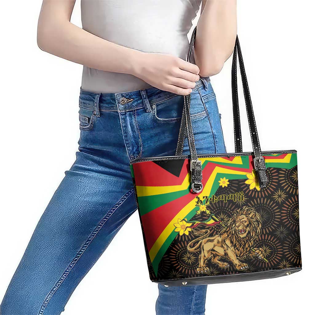 Enkutatash Ethiopia New Year Leather Tote Bag Lion of Judah Adey Abeba Flower LT01