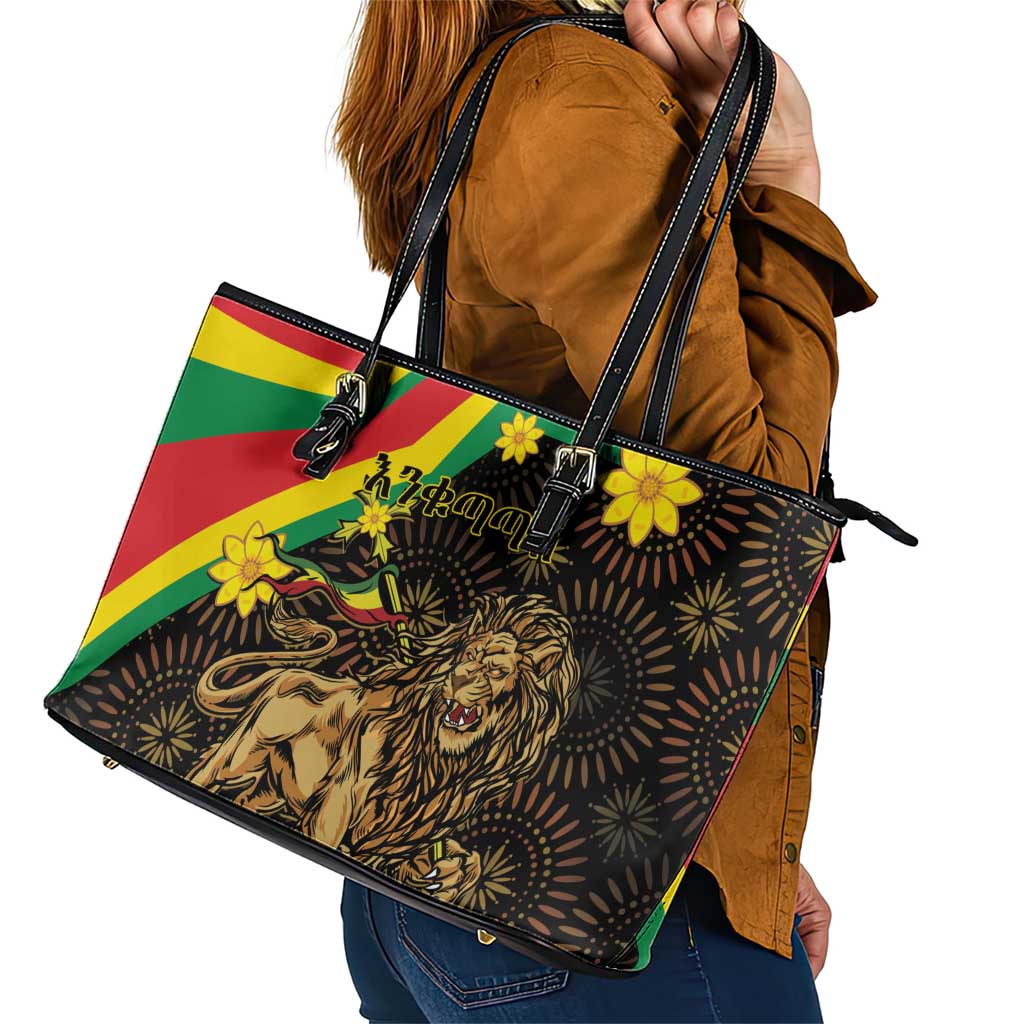 Enkutatash Ethiopia New Year Leather Tote Bag Lion of Judah Adey Abeba Flower LT01