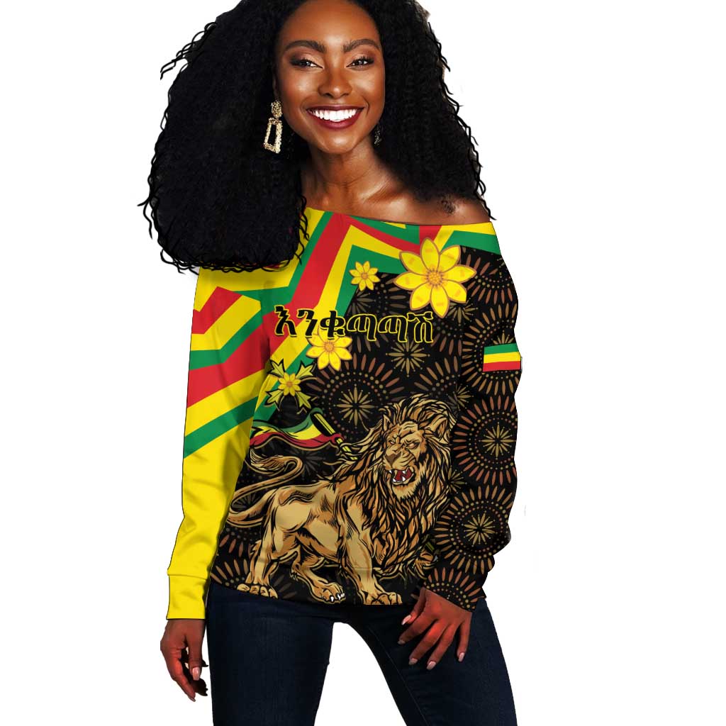 Enkutatash Ethiopia New Year Off Shoulder Sweater Lion of Judah Adey Abeba Flower LT01