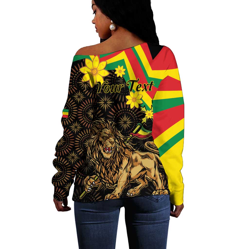 Enkutatash Ethiopia New Year Off Shoulder Sweater Lion of Judah Adey Abeba Flower LT01