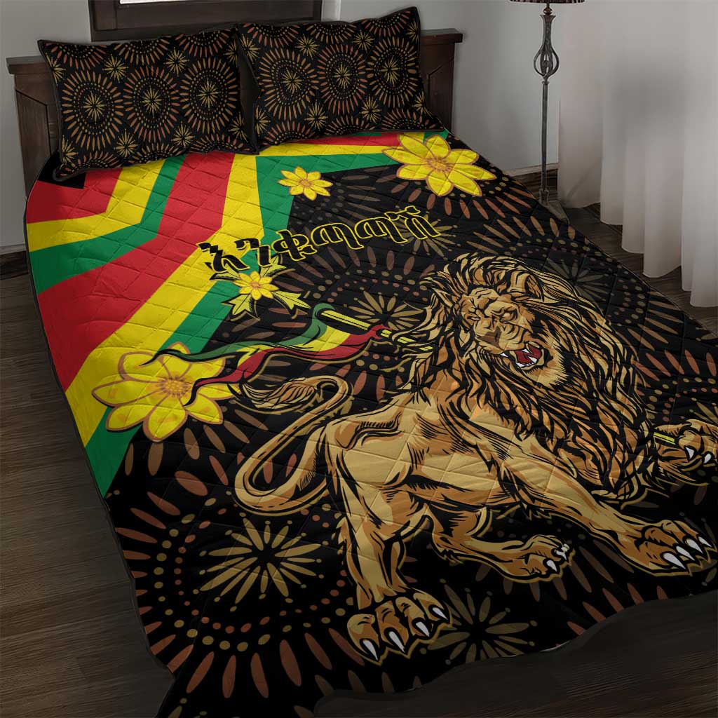 Enkutatash Ethiopia New Year Quilt Bed Set Lion of Judah Adey Abeba Flower LT01