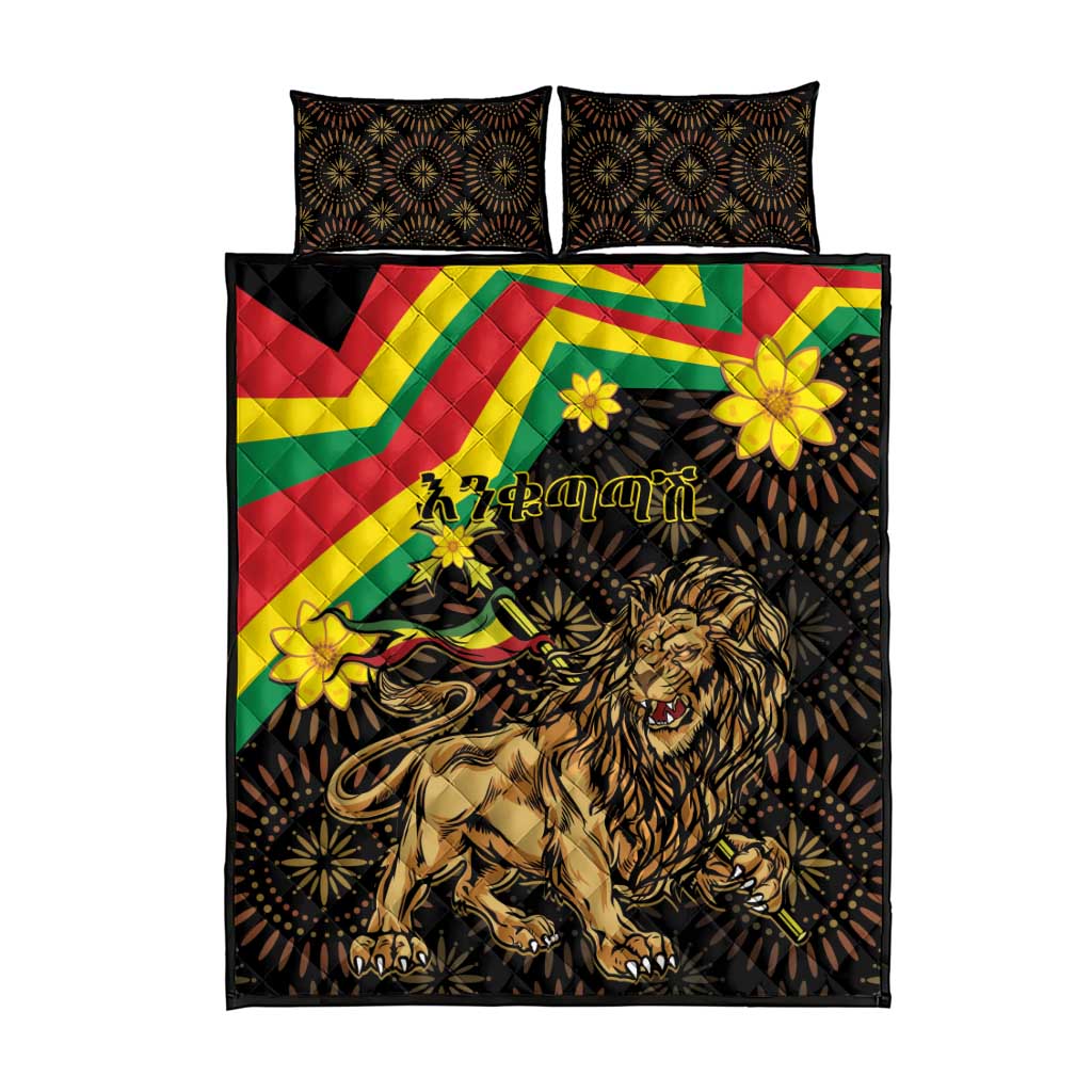 Enkutatash Ethiopia New Year Quilt Bed Set Lion of Judah Adey Abeba Flower LT01
