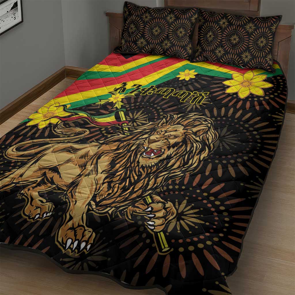 Enkutatash Ethiopia New Year Quilt Bed Set Lion of Judah Adey Abeba Flower LT01