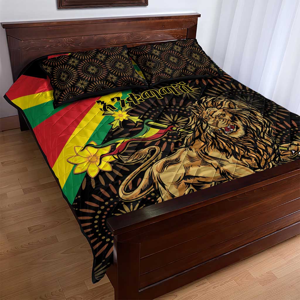 Enkutatash Ethiopia New Year Quilt Bed Set Lion of Judah Adey Abeba Flower LT01