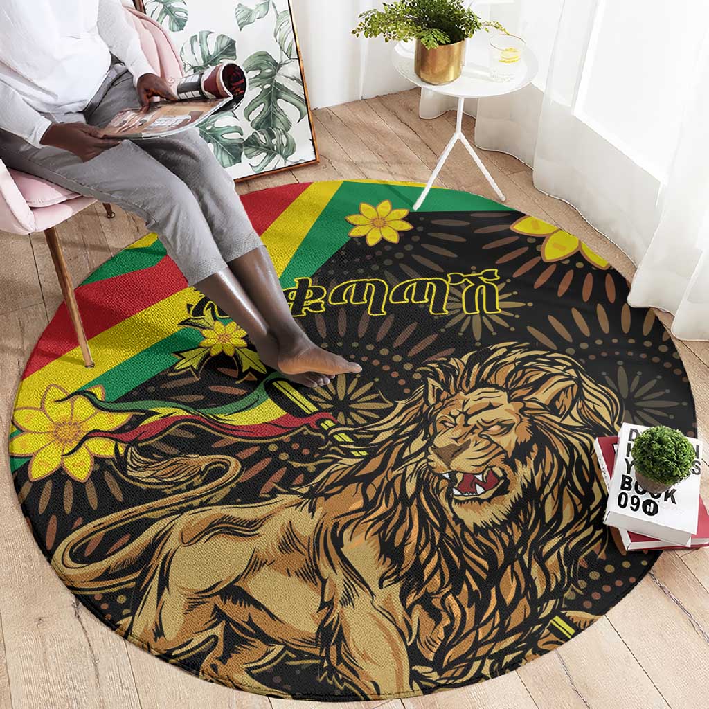 Enkutatash Ethiopia New Year Round Carpet Lion of Judah Adey Abeba Flower LT01