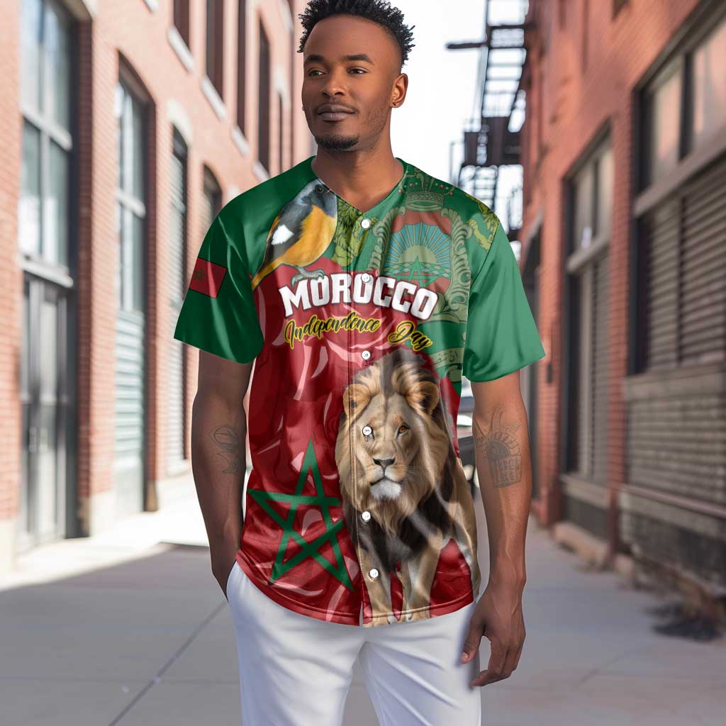 Morocco Independence Day Baseball Jersey with Barbary Lion and Moussier's Redstart LT01