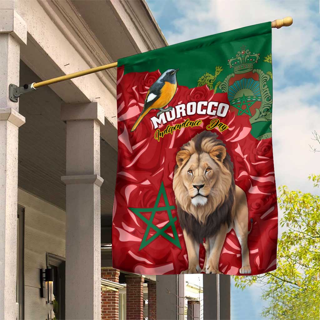 Morocco Independence Day Garden Flag with Barbary Lion and Moussier's Redstart LT01