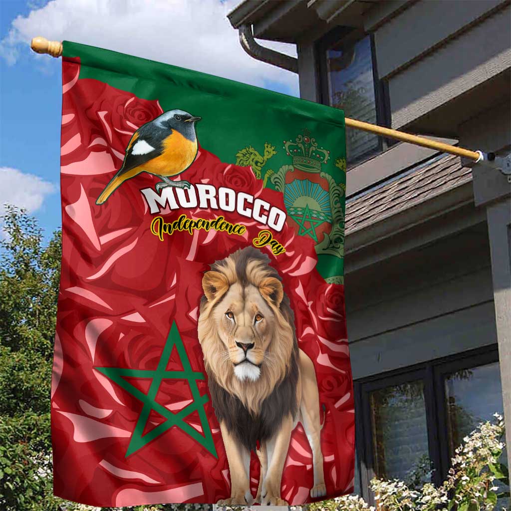 Morocco Independence Day Garden Flag with Barbary Lion and Moussier's Redstart LT01