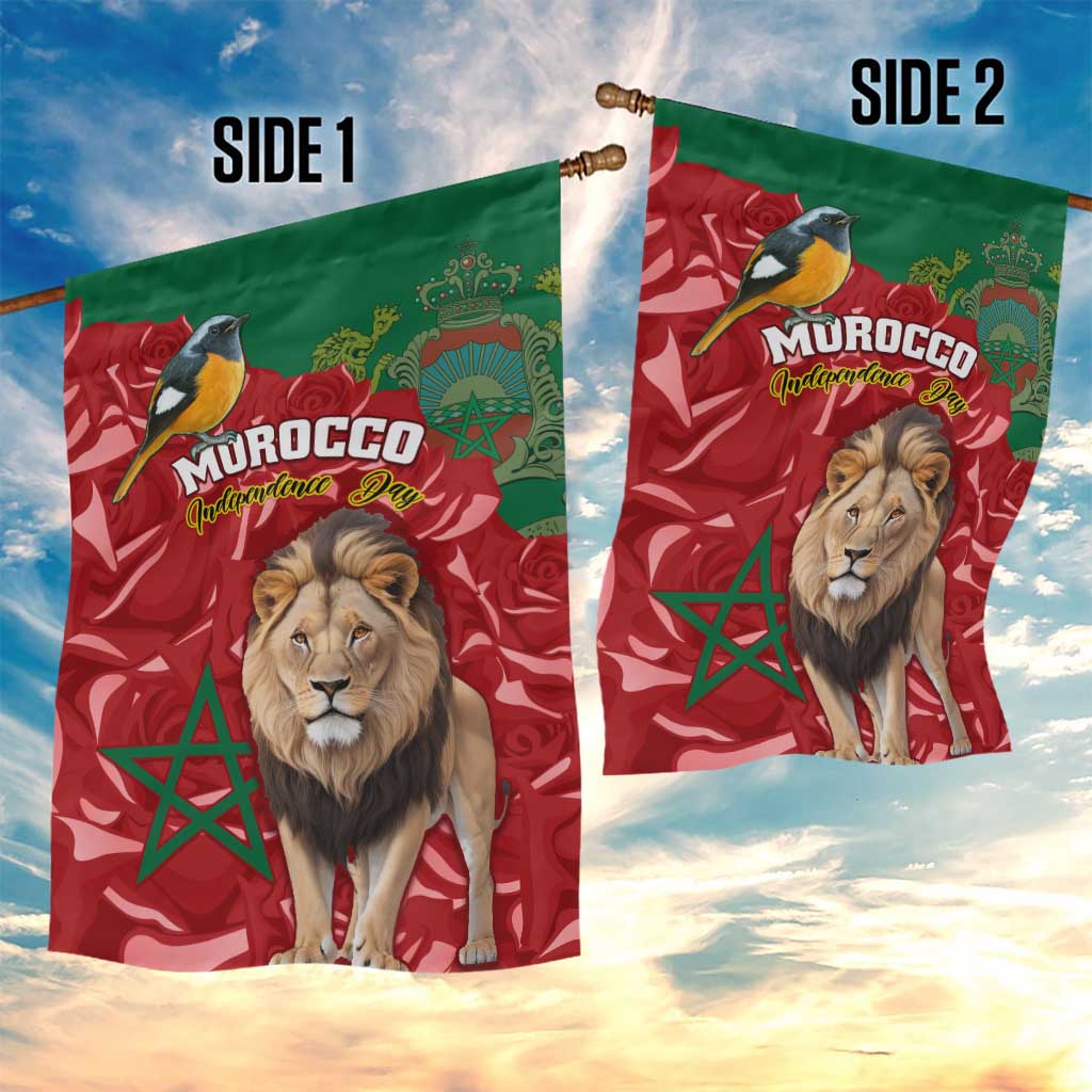 Morocco Independence Day Garden Flag with Barbary Lion and Moussier's Redstart LT01