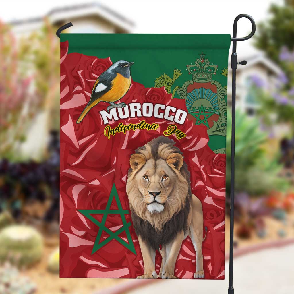 Morocco Independence Day Garden Flag with Barbary Lion and Moussier's Redstart LT01
