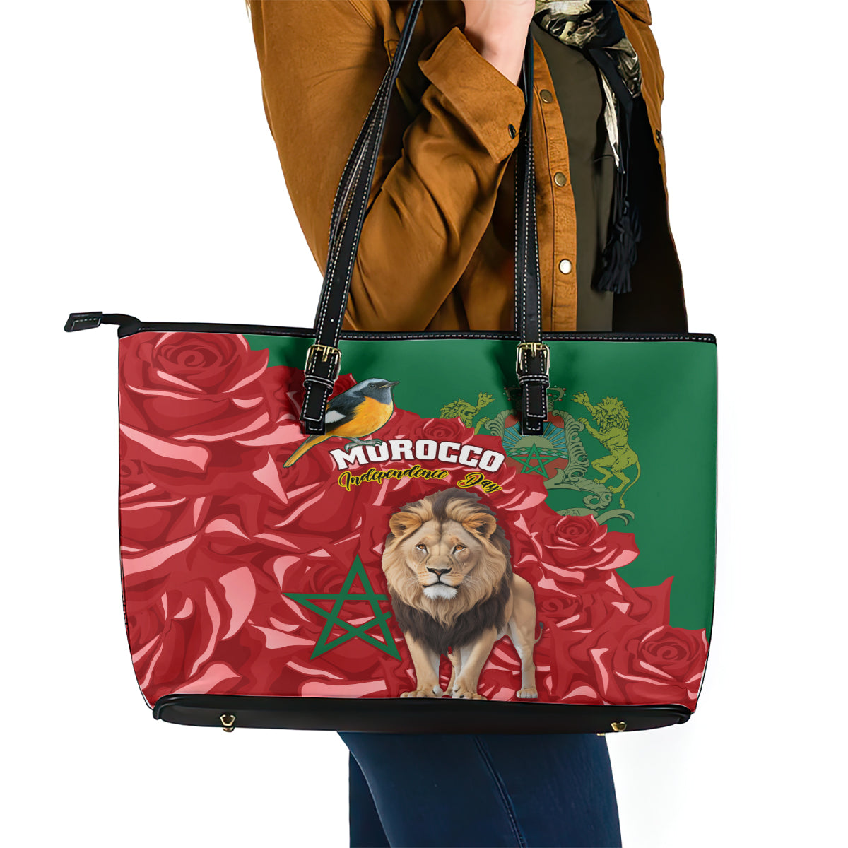 Morocco Independence Day Leather Tote Bag Barbary Lion With Moussier Redstart LT01