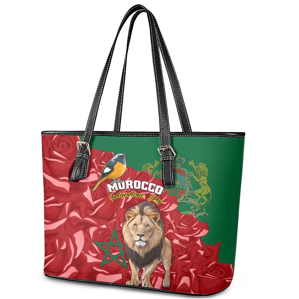 Morocco Independence Day Leather Tote Bag Barbary Lion With Moussier Redstart LT01