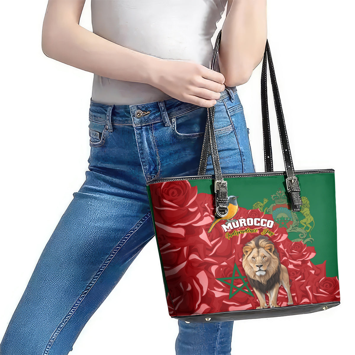 Morocco Independence Day Leather Tote Bag Barbary Lion With Moussier Redstart LT01