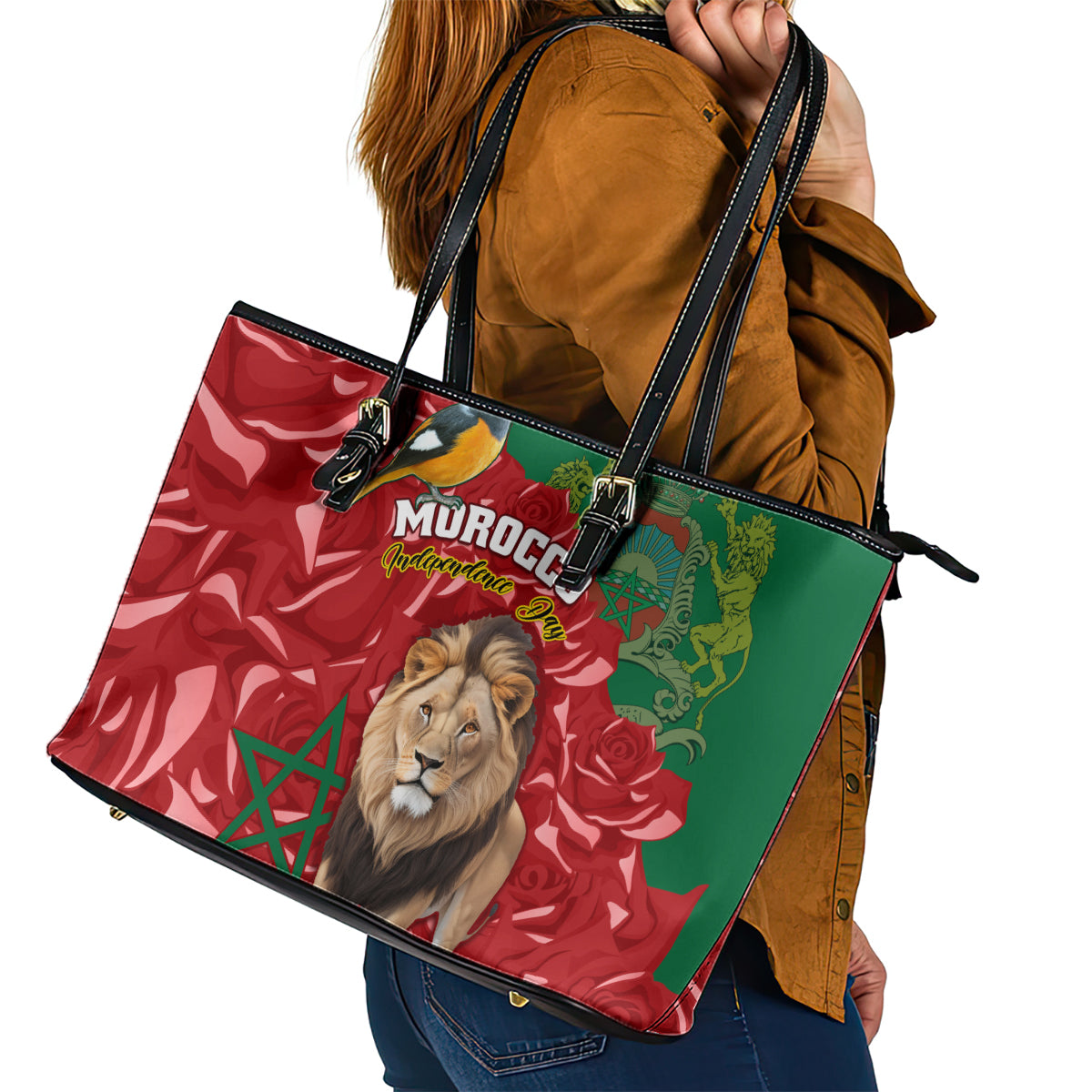 Morocco Independence Day Leather Tote Bag Barbary Lion With Moussier Redstart LT01