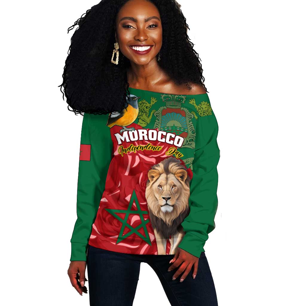 Morocco Independence Day Off Shoulder Sweater with Barbary Lion and Moussier's Redstart LT01