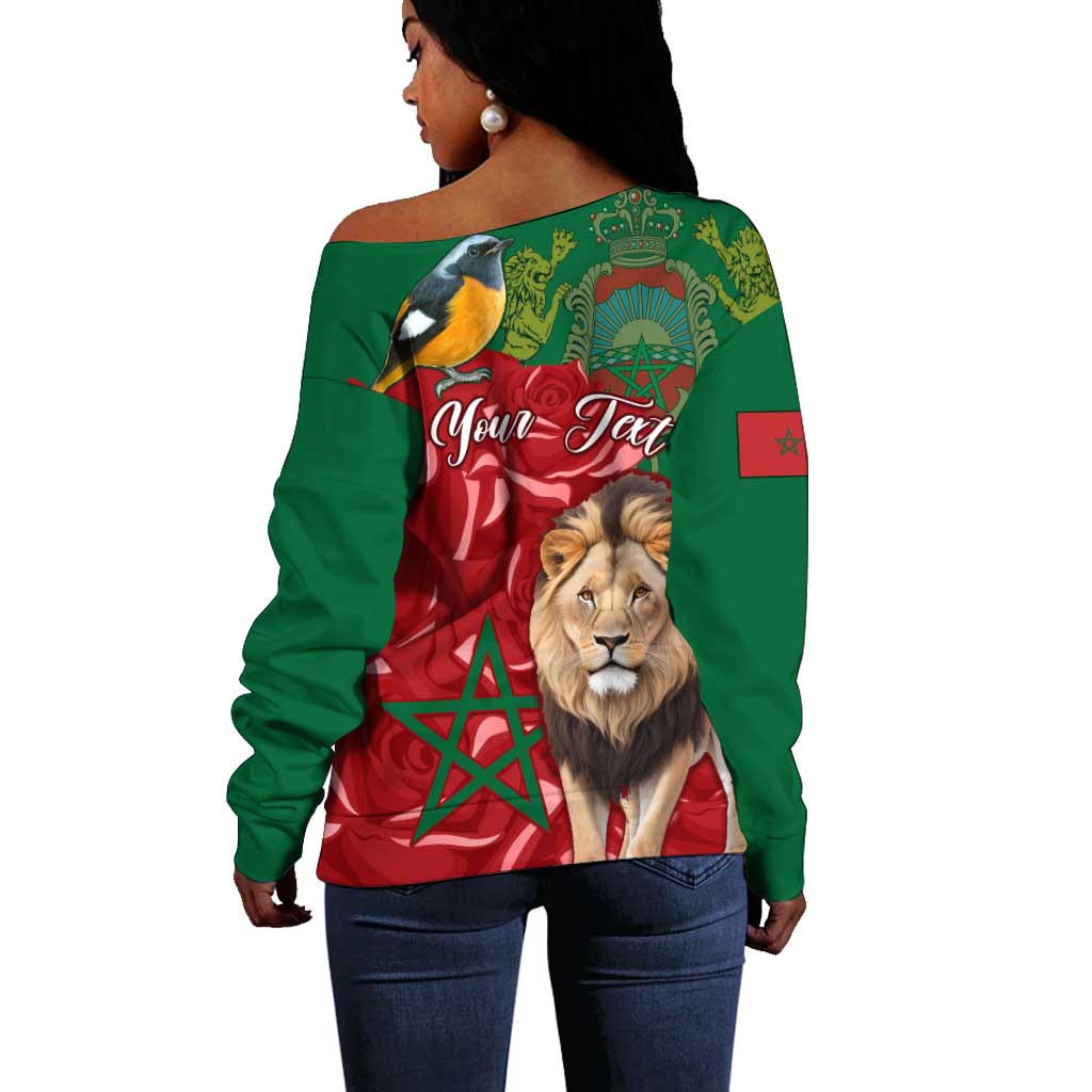 Morocco Independence Day Off Shoulder Sweater with Barbary Lion and Moussier's Redstart LT01