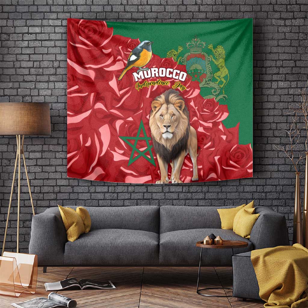 Morocco Independence Day Tapestry with Barbary Lion and Moussier's Redstart LT01