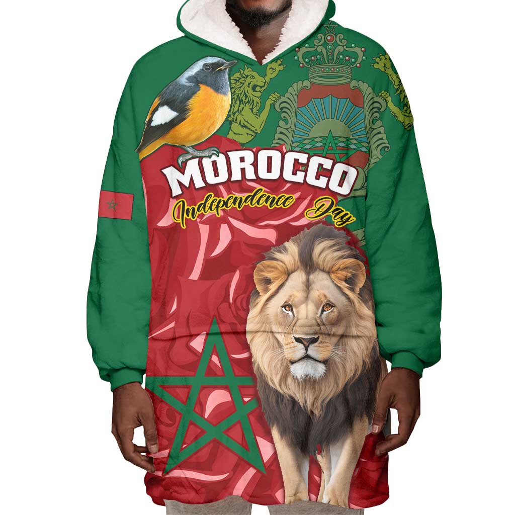 Morocco Independence Day Wearable Blanket Hoodie with Barbary Lion and Moussier's Redstart LT01